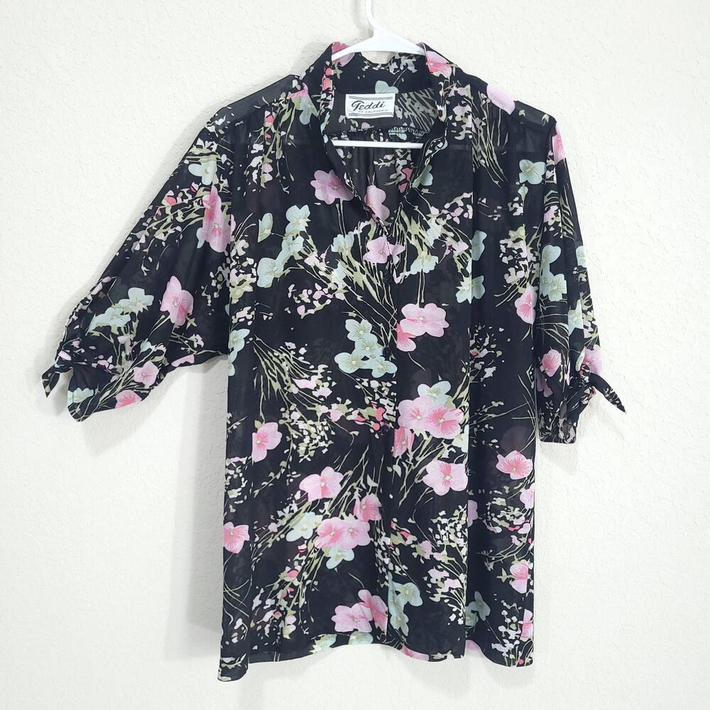 Teddi of California Vintage Blouse Womens Size L Black Pink Casual Sheer